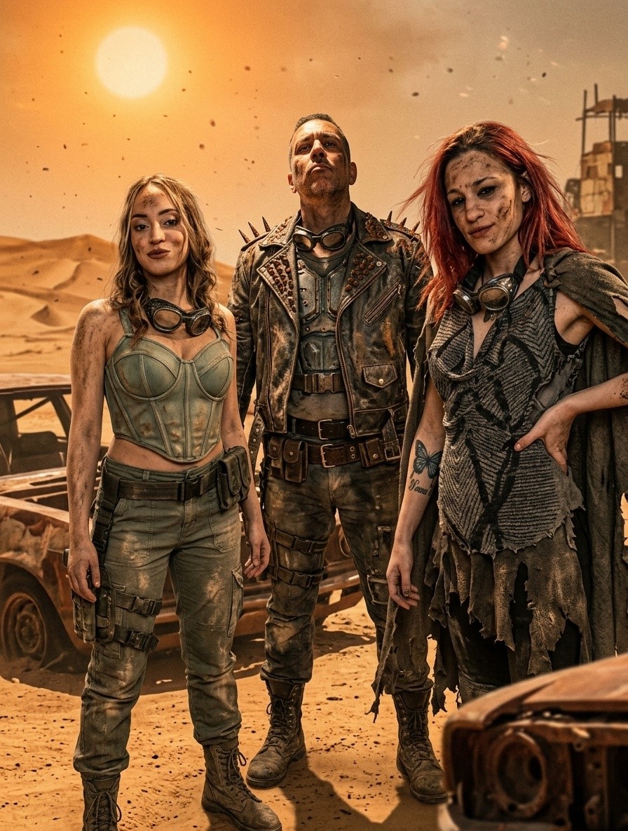 Tres invitados en una escena cinematográfica creada con inteligencia artificial.