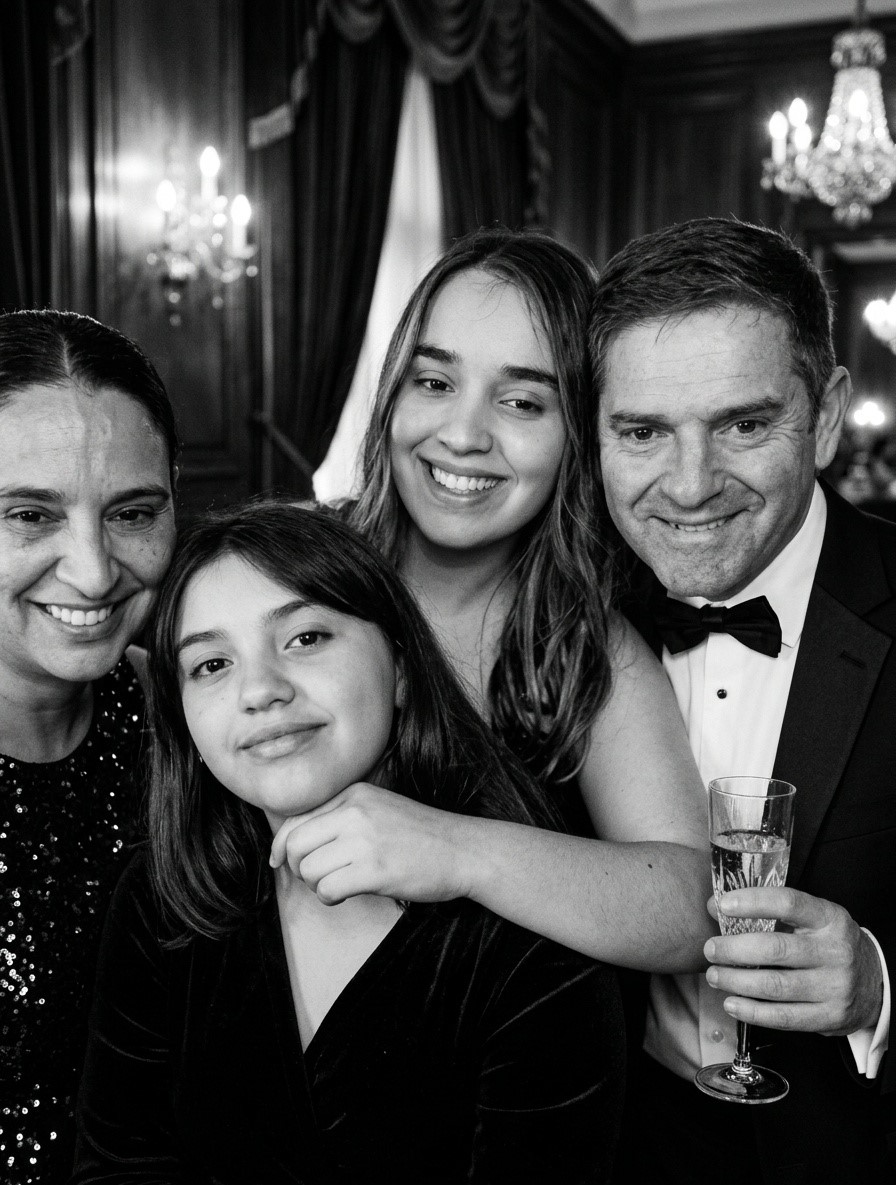 Una familia en un retrato en blanco y negro creado por el fotomatón.